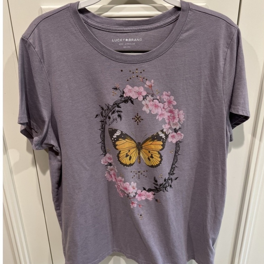 Lucky Brand Lavender Tee with Yellow Butterfly & Pink Floral Print